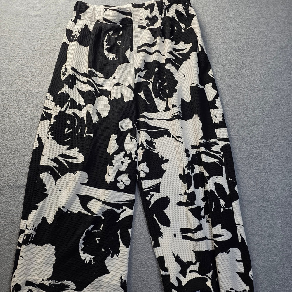 Wide Leg Pants Womens Medium Black White Abstract Floral Cropped Palazzo Casual